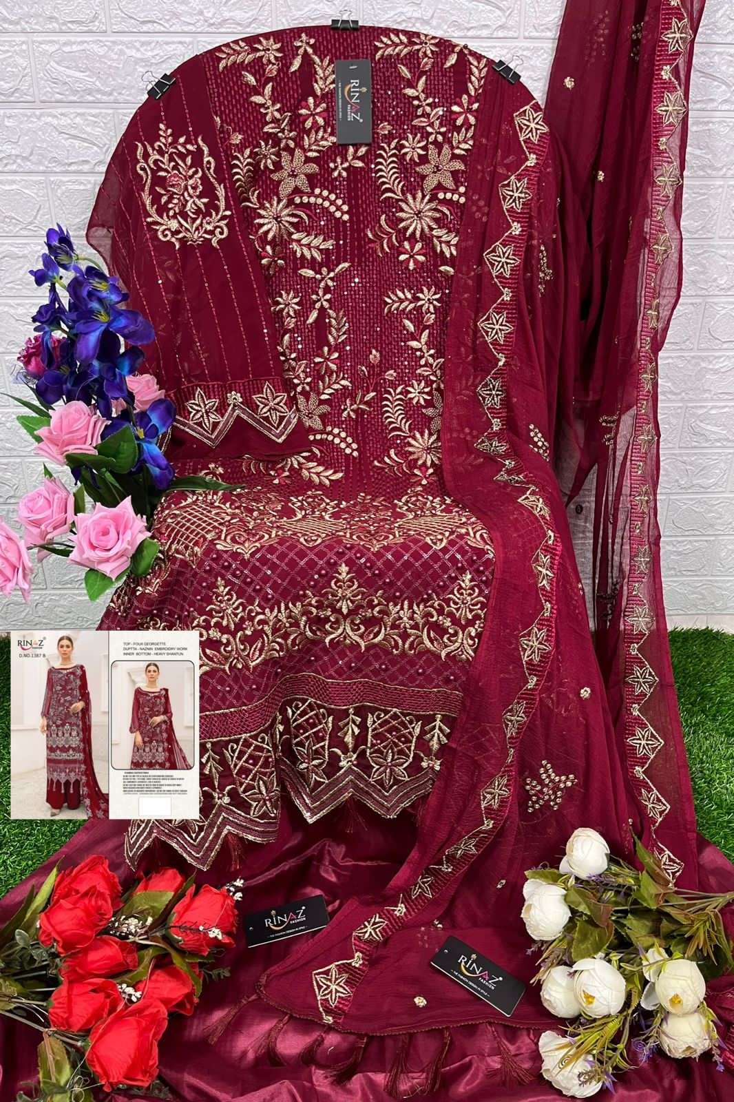 RINAZ 1387 COLOURS BY RINAZ FASHION 1387-A TO 1387-D SERIES BEAUTIFUL STYLISH PAKISTANI SUITS FANCY COLORFUL CASUAL WEAR & ETHNIC WEAR & READY TO WEAR FAUX GEORGETTE EMBROIDERY DRESSES AT WHOLESALE PRICE
